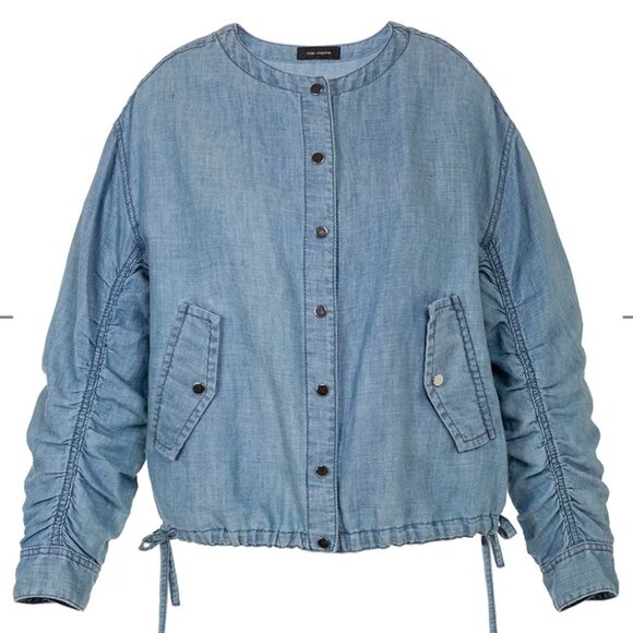 Cop. Copine Delas Indigo Blue Chambray Linen Cotton Bomber Jacket Euro Size 36 - Picture 1 of 8